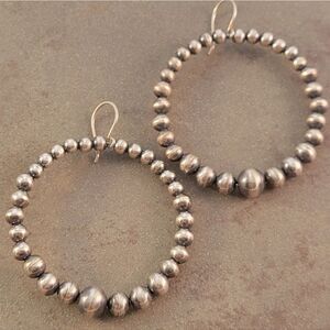 Navajo Desert Pearl Sterling Beaded Hoop Earrings - 2"